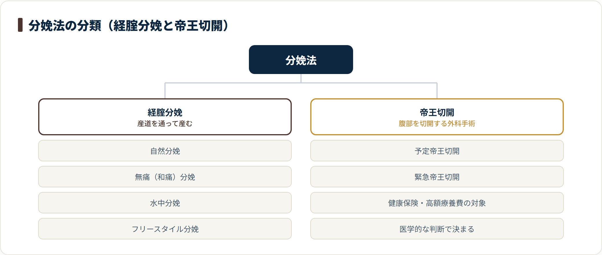 経腟分娩（自然・無痛・水中・フリースタイル）と帝王切開（予定・緊急）に分けて分類した図。