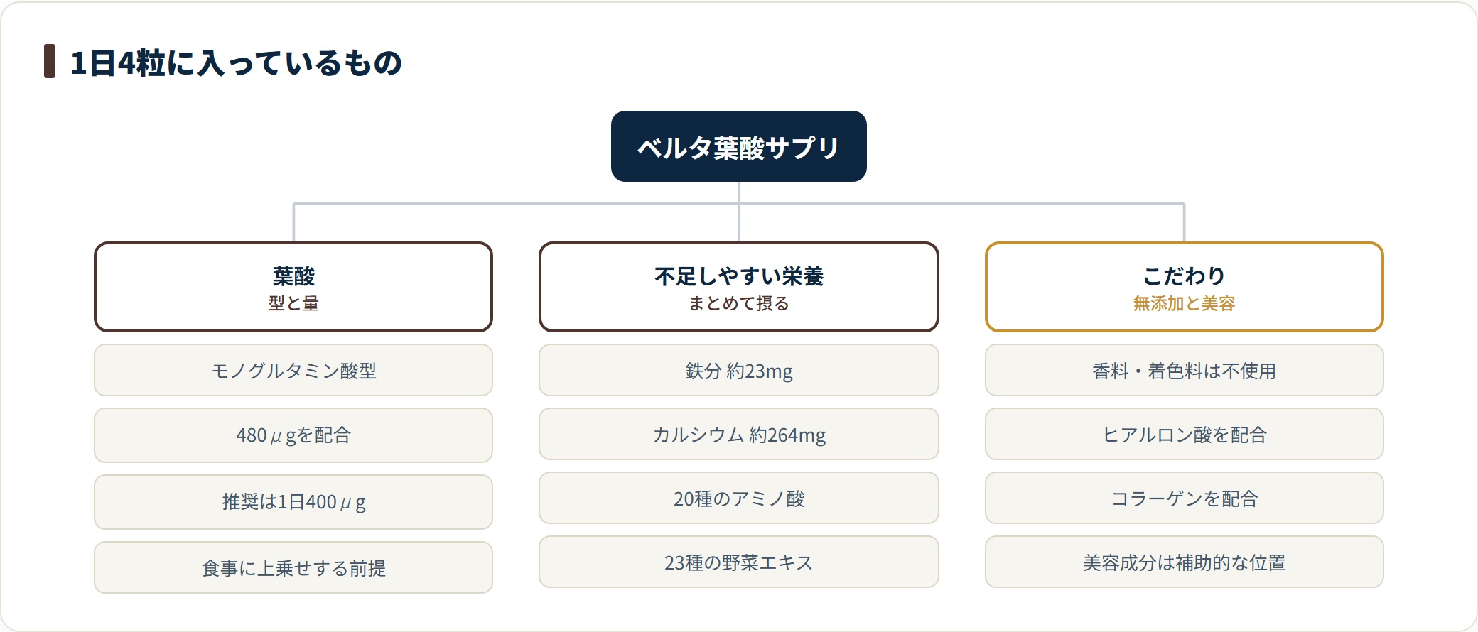 ベルタ葉酸サプリの配合設計を整理した分類図。葉酸はモノグルタミン酸型480μgで推奨の1日400μgを満たし、鉄分約23mgやカルシウム約264mg、20種のアミノ酸も配合、香料・着色料は不使用で美容成分は補助的な位置づけと示している。