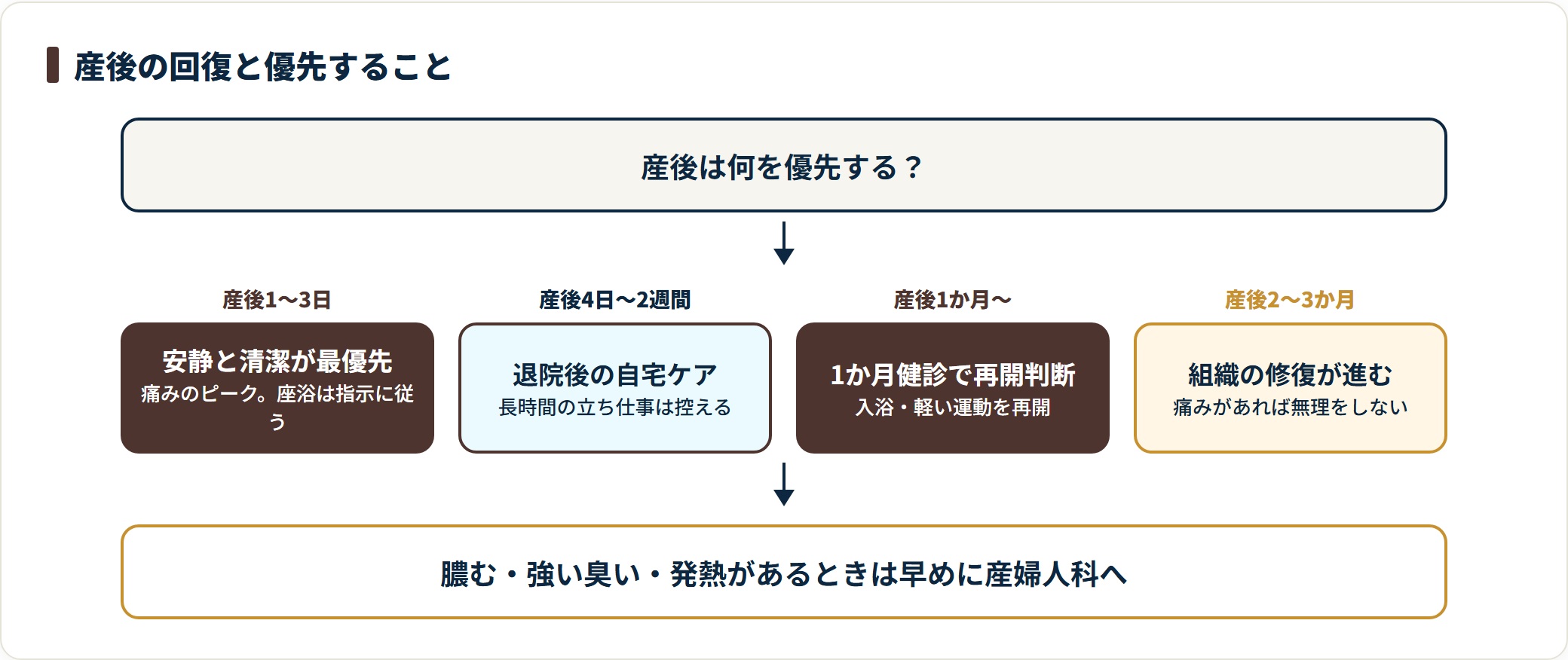 会陰切開後の産後1〜3日から2〜3か月までの回復の流れと優先事項を示した図