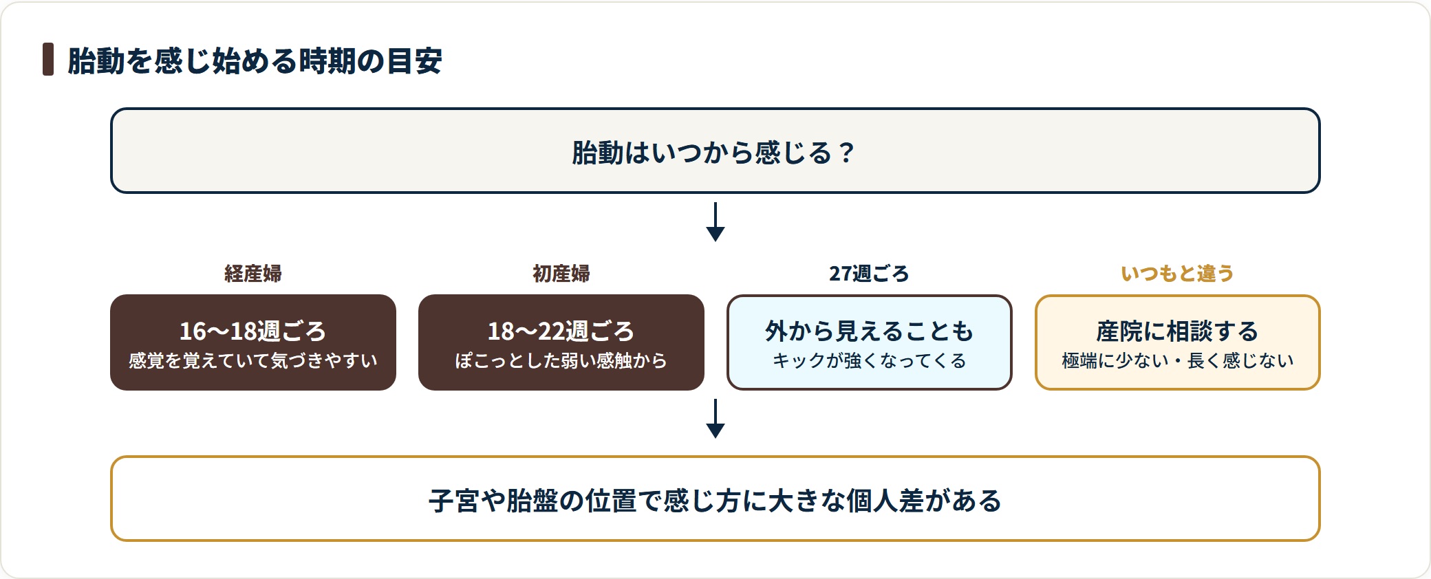 胎動を感じ始める時期を整理したフロー図。経産婦は16〜18週ごろ、初産婦は18〜22週ごろが目安で、最初はぽこっとした弱い感触から始まり27週ごろには外から動きが見えることもあり、いつもと違う変化があるときは産院に相談すると示している。